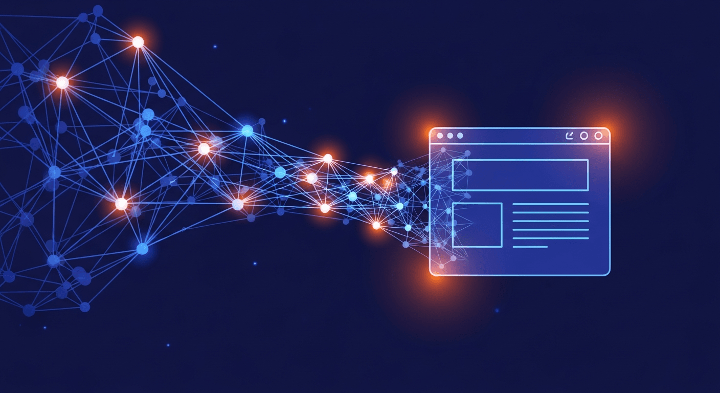 Neuronales Netz, das sich mit einem Browser-Fenster verbindet – Symbol für KI-Sichtbarkeit